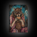 Halloween Werewolf Enjoying Hotdog, Framed Canvas Print, Wall Art, Home Decor, Spooky Artwork, Fantasy Decor, Halloween Decor, Holiday Gift