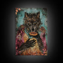 Halloween Werewolf Holding Hotdog, Framed Canvas Print, Wall Art, Home Decor, Spooky Artwork, Fantasy Decor, Halloween Decor