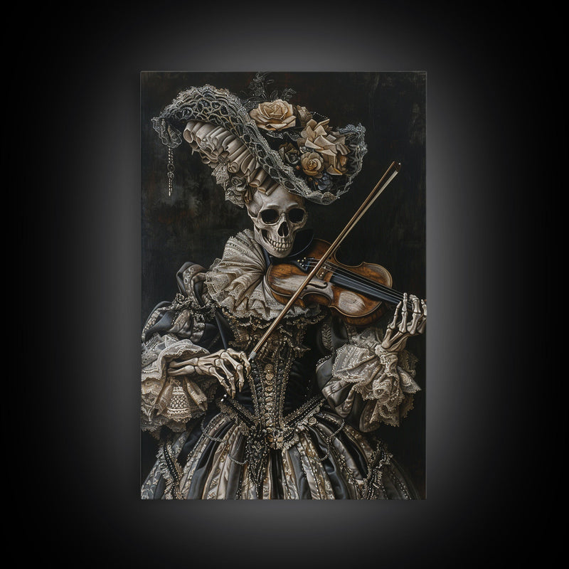 Victorian Skeleton Violinist Framed Canvas Print, Halloween Art, Creepy Wall Art, Spooky Home Decor, Scary Art, Gothic Living Room Decor