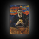 Spooky Artwork of a Man Eating a Hamburger, Inspired by the Scream, Ideal for Adding a Touch of Horror and Humor to Halloween Decor
