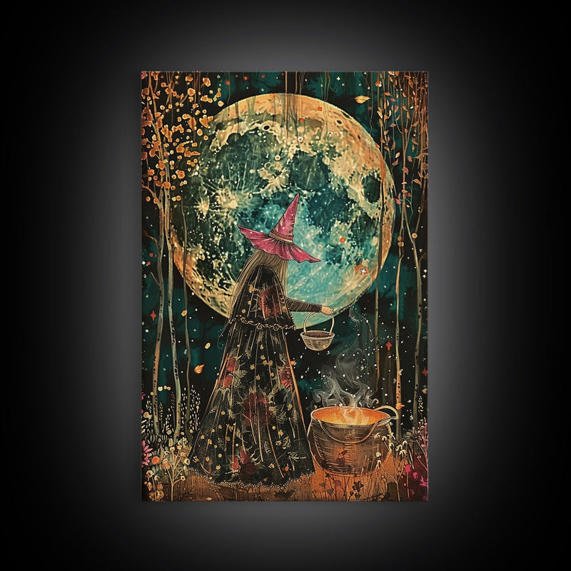 Witch Preparing Spell Under Full Moon Framed Canvas Print | Halloween Witch Art | Enchanted Witch Decor for Home | Halloween Artwork