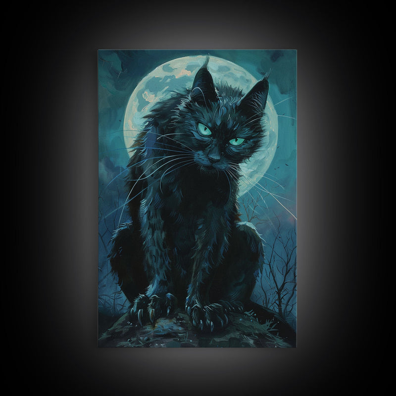 Black Cat with Piercing Eyes Against Full Moon | Halloween Wall Art | Spooky Home Decor | Creepy Black Cat Painting | Framed Canvas Print