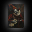 Creepy Clown Playing Guitar, Framed Canvas Print, Spooky Circus Art, Halloween Wall Decor, Horror Clown Illustration, Creepy Home Decor