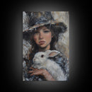Enchanting Witch with White Rabbit in Serene Autumn Setting - Mystical Forest Art Framed Canvas Print, Halloween Home Decor