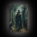 Ghostly Figure in Victorian Attire - Eerie Night Stalker Gothic Art Framed Canvas Print, Halloween Haunted House Decor