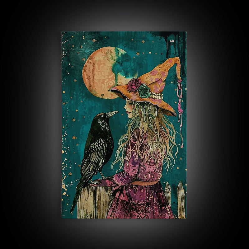 Witch and Crow Under Full Moon - Halloween Art, Gothic Art, Spooky Decor, Dark Night Art, Haunted Moonlit Night, Framed Canvas Print