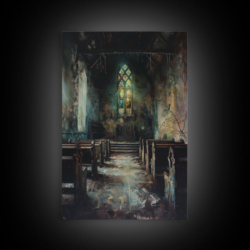 Victorian Haunted Church Framed Canvas Print, Halloween Oil Painting, Halloween Decor Wall Art, Spooky Season Dark Academia Decor