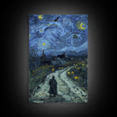 Haunted Road with Jack-O-Lanterns Framed Canvas Print, Halloween Wall Art, Starry Night Inspired, Home Decor, Spooky Art, Living Room Decor