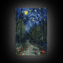 Dark Forest Path with Pumpkins Framed Canvas Print, Halloween Wall Art, Starry Night Inspired, Home Decor, Spooky Art, Living Room Decor