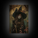 The Witch And The Raven, Framed Canvas Print, Raven Familiar, Victorian Witch Painting, Halloween Decor, Halloween Trinket, Spooky Wall Art