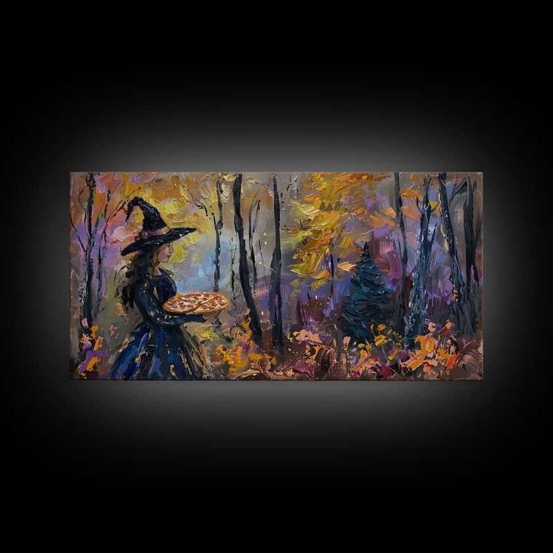 Witch Having A Pizza Party For One In The Haunted Forest, Framed Canvas Print, Funny Halloween Art