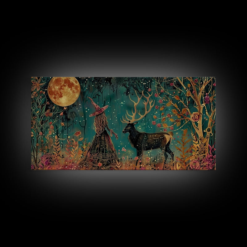 Victorian Witch and her Elk Familiar | Framed Canvas Print | Dark Academia Wall Art | Victorian Style Halloween Art