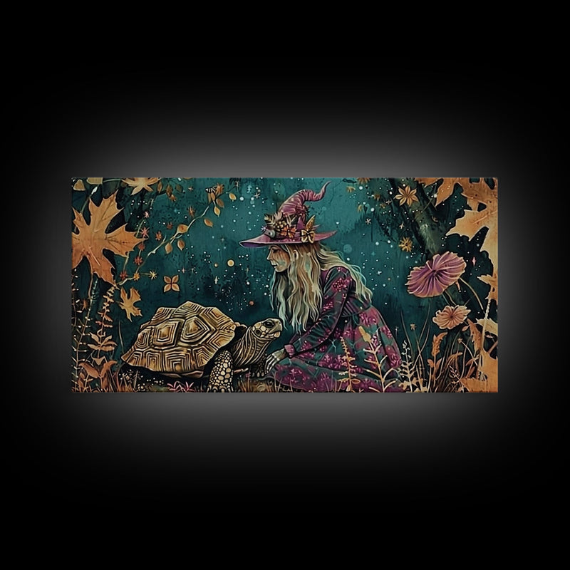 Victorian Witch and her Tortoise Familiar | Framed Canvas Print | Dark Academia Wall Art | Victorian Style Halloween Art