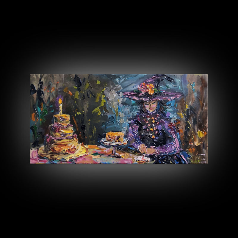 Birthday Party for One, Springtime Witch and A Birthday Cake, Framed Canvas Print, Funny Halloween Art