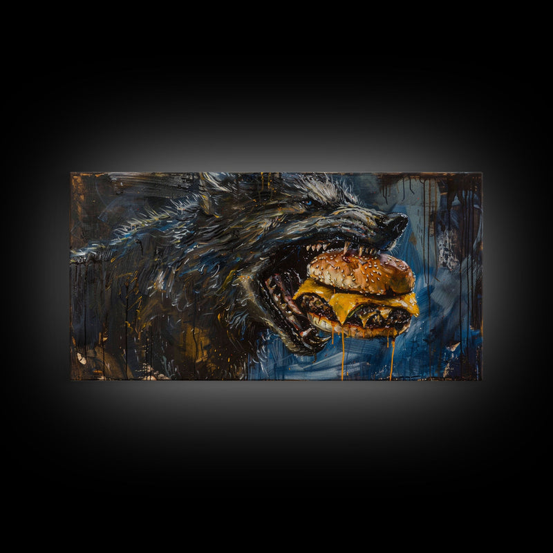 Big Ol Werewolf Having A Cheese Burger - Framed Canvas Print - Funny Halloween Art