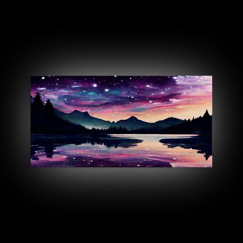 Beautiful lake at night canvas print, purple and pink sunset night sky, wall art canvas, lake front view, guest room wall art