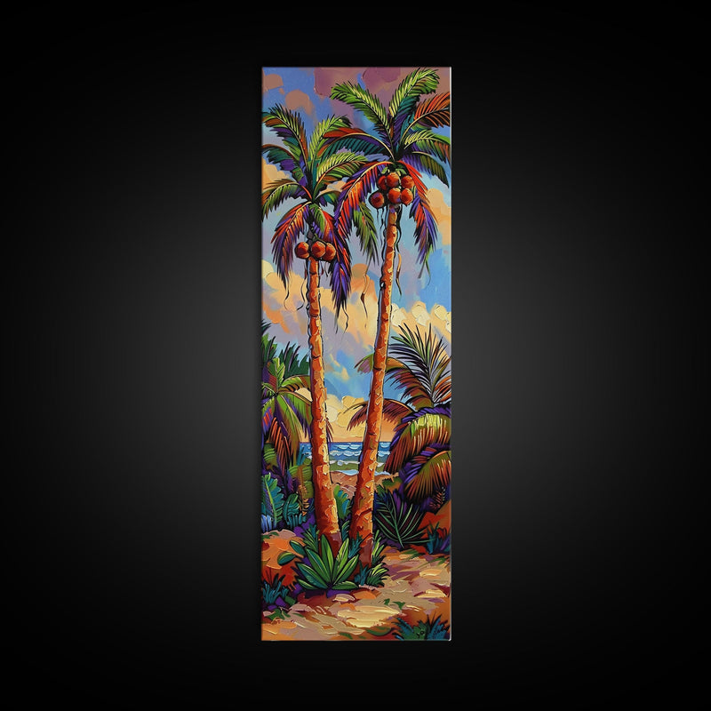 Abstract Canvas Painting of Beach Landscape, Palm Tree Art Print, Tall and Narrow Canvas Art of Ocean, Beachy Wall Art for Living Room