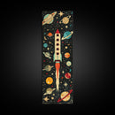 Space Exploration Art with Planets - Framed Canvas Print, Midcentury Modern Skinny Art, Tall Wall Art for Living Room or Bedroom Decor