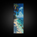 Tropical Beach Scene With Palm Trees Skinny Art Framed Canvas Print For Living Room Or Bedroom Wall Art