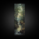 Peaceful Forest Stream in the Early Morning Light, Skinny and Tall Art, Framed Canvas Print, Cozy Wall Art Decor