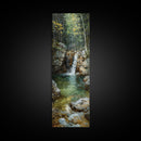Framed Canvas Print Skinny Art of a Serene Waterfall Cascading into a Tranquil Pool in a Lush Forest Landscape, Perfect Tall Art for Nature Lovers