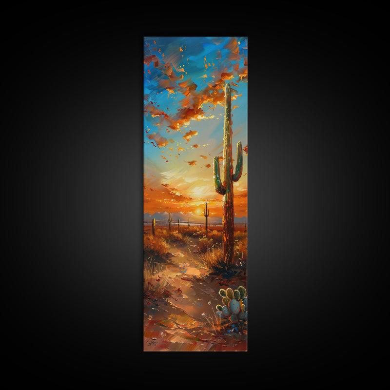 Arizona Desert Landscape with Saguaro Cactus at Sunset on a Framed Canvas Print Skinny Art Piece