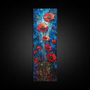 Red Poppies on Textured Blue Canvas as Tall Skinny Art Framed Canvas Print Perfect for Bold Wall Decor in Modern Spaces