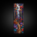 Fantasy Forest Pathway with Giant Mushrooms as Tall Skinny Art Framed Canvas Print for Whimsical Wall Decor in Unique Spaces