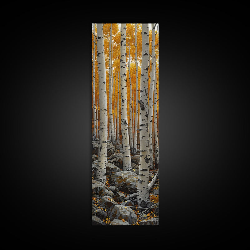 Birch Tree Forest, Framed Canvas Print, Skinny / Tall Wall Art, Living Room Decor, Landscape Painting, Nature Decor