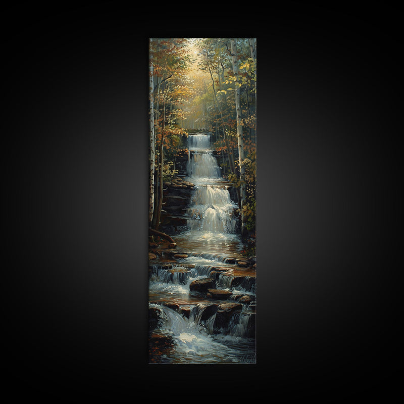 Beautiful Stream Cascading Waterfalls In The Forest at Golden Hour, Framed Canvas Print, Boho Style Landscape Painting Print