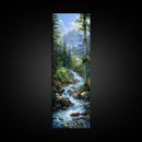 Majestic Mountain Stream In A Serene Forest Landscape, Farmhouse And Minimalist Art Style, Boho Wall Art In Tall Canvas Print