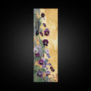 Deep Purple Pansy Flowers Against Textured Gold Background on Tall Vertical Canvas Print for Rich Floral Wall Decor