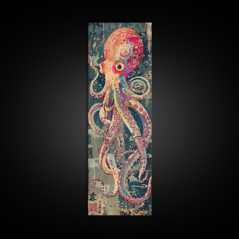 Vibrant Octopus Art in Bold Colors on Tall Vertical Canvas Print Featuring Japanese-Inspired Marine Life Design