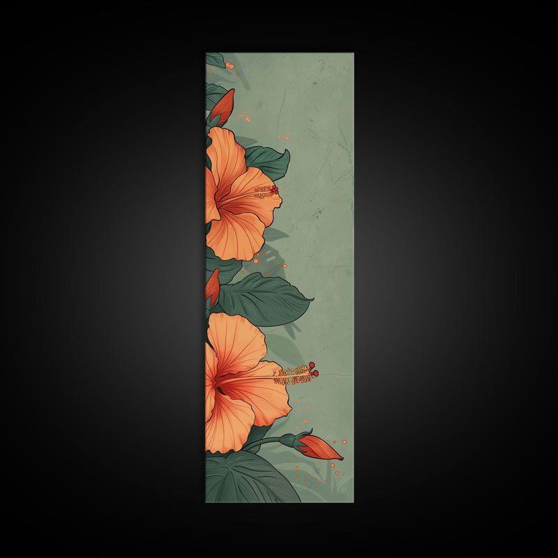 Bright Hibiscus Flowers Ukiyo-e Inspired Art, Framed Canvas Print Ideal for Tall Skinny Spaces, Japanese Floral Design