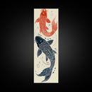 Elegant Koi Fish in Minimalist Japanese Art Style, Tall and Skinny Framed Canvas Print for Ukiyo-e Art Lovers
