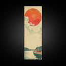 Large Red Sun Over River, Japanese Art Inspired by Ukiyo-e, Framed Canvas Print for Tall Skinny Wall Spaces