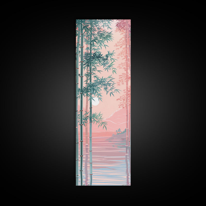 Bamboo Forest, Soft Pink Light, Japanese Art, Skinny Art, Tall Art, Framed Canvas Print, Ukiyo-e Style