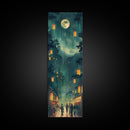 Framed Canvas Print Of A Nighttime Japanese Festival Scene With Lanterns And Pine Trees, Traditional Wall Art Ready To Hang