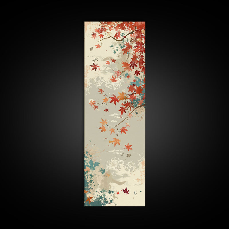 Autumn Maple Leaves in Japanese Garden Ukiyo-e Style Art Skinny Framed Canvas Print with Subtle Color Palette