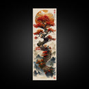 Majestic Bonsai Tree Under the Golden Sun Skinny Art Ukiyo-e Tall Framed Canvas Print with Mountain Landscape