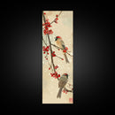 Skinny Art Sparrows And Cherry Blossoms In Japanese Style Wood Block Print Gentle Color Palette On Framed Canvas Print, Tall Art Ukiyo-e