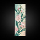 Skinny Art Pink Oleander Flowers In Japanese Style Wood Block Print Elegant Pastel Hues On Framed Canvas Print, Tall Art Ukiyo-e