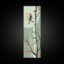 Skinny Art Bird On Birch Tree In Japanese Style Wood Block Print Autumn Tones On Framed Canvas Print, Tall Art Ukiyo-e
