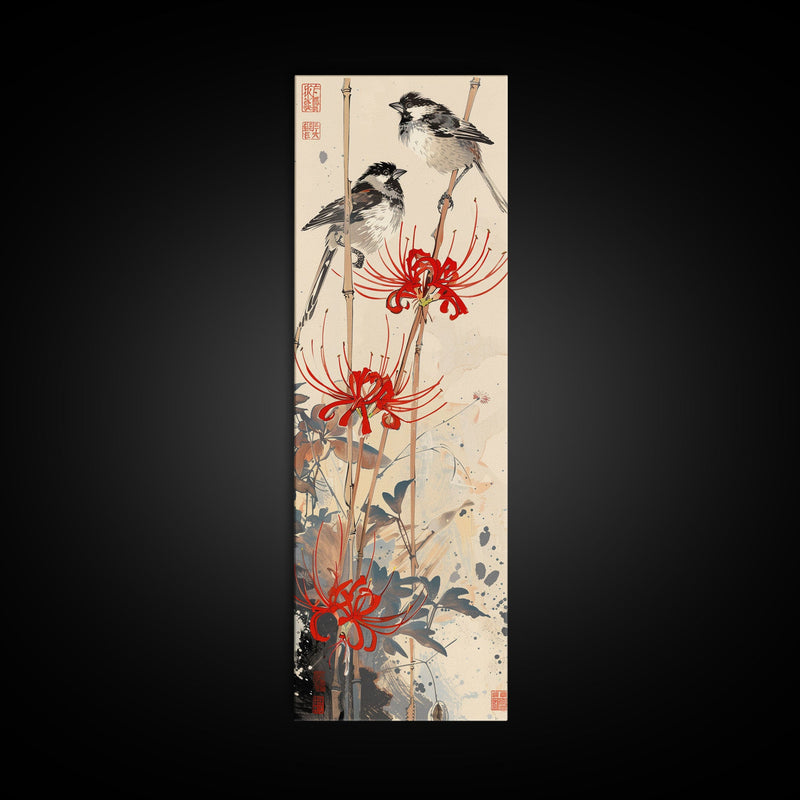 Blossoming Pink Flowers Bold Red Accents Skinny Art Tall Art Framed Canvas Print Japanese Style Art Ukiyo-e Art Wood Block Print Feminine