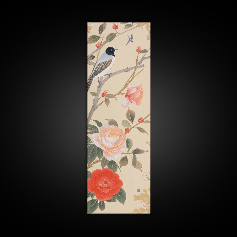 Bird On Branch With Red Peonies And Green Leaves Tall Art Skinny Art Framed Canvas Print Japanese Style Art Ukiyo-e Wood Block Print