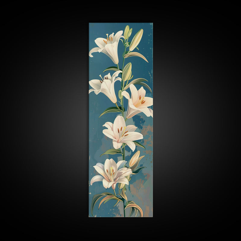 White Lilies On Green Stems Against Faded Blue Background Tall Art Skinny Art Framed Canvas Print Japanese Style Art Ukiyo-e Wood Block Print