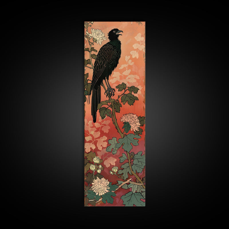 Black Bird On Flowering Branch With Orange Background Tall Art Skinny Art Framed Canvas Print Japanese Style Art Ukiyo-e Wood Block Print