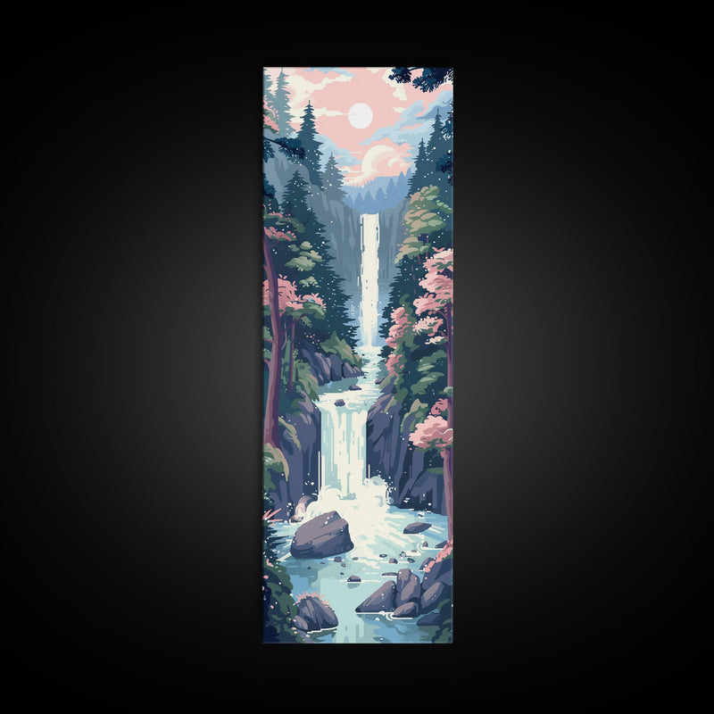 Waterfall Through Rocky Cliff Surrounded By Pine Trees Tall Art Skinny Art Framed Canvas Print Japanese Style Art Ukiyo-e Wood Block Print