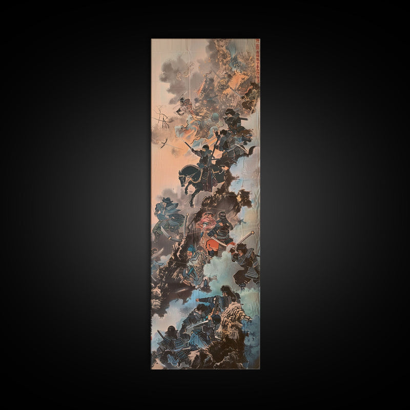 Warriors In A Dynamic Battle Scene With A Dramatic Sky And Fiery Background, Tall Skinny Art Wall Art Framed Canvas Print Japanese Style Art