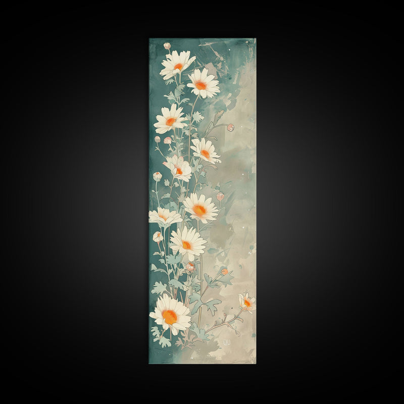 White Daisies With Orange Centers On A Soft Blue-Green Background, Skinny Art Tall Wall Art Framed Canvas Print Japanese Style Art